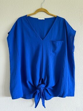 Royal Blue V-Neck Tie Front Pocket Blouse Made USA Casual Chic Effortless READ